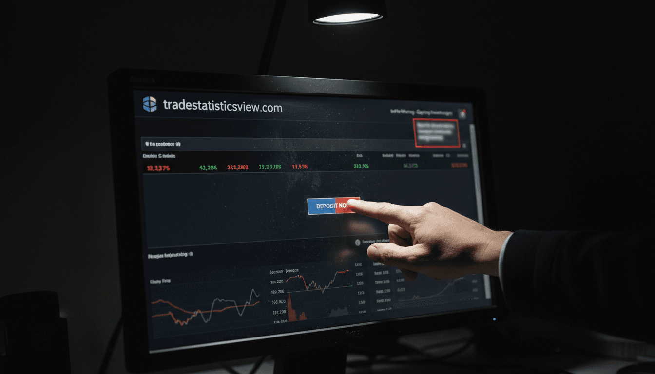 A digital screen displaying a fraudulent trading platform, with a superimposed image of a legitimate financial expert, against a backdrop of financial charts and a warning from a regulatory authority.