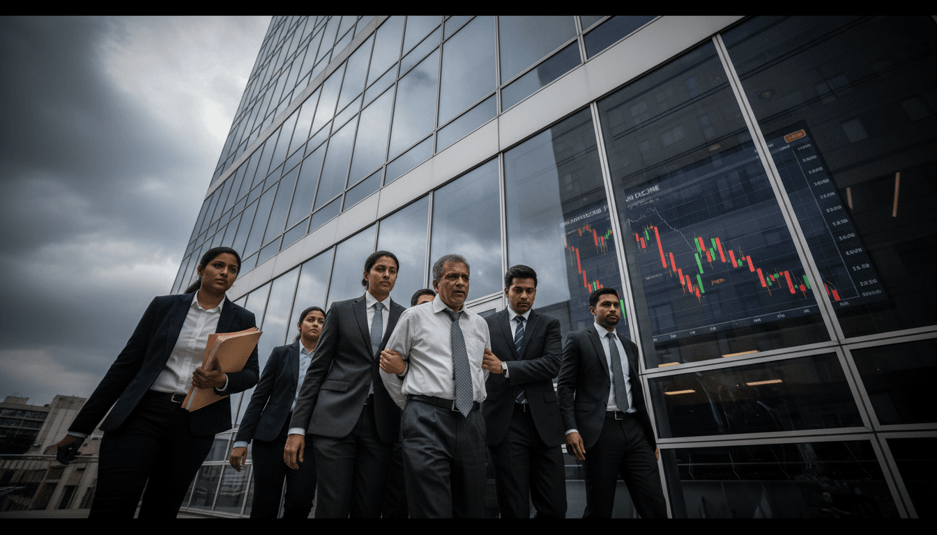 FBI agents arresting Puthugramam Chidambaran at a modern, glass-fronted corporate office building, with a laptop screen displaying a stock chart plummeting in the background.