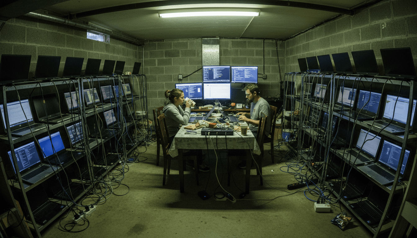 A complex array of computer monitors and KVM switches in a dimly lit room, suggesting a 'laptop farm' setup, with wires connecting multiple devices to a single control station, reflecting the method used to mask the location of remote workers.