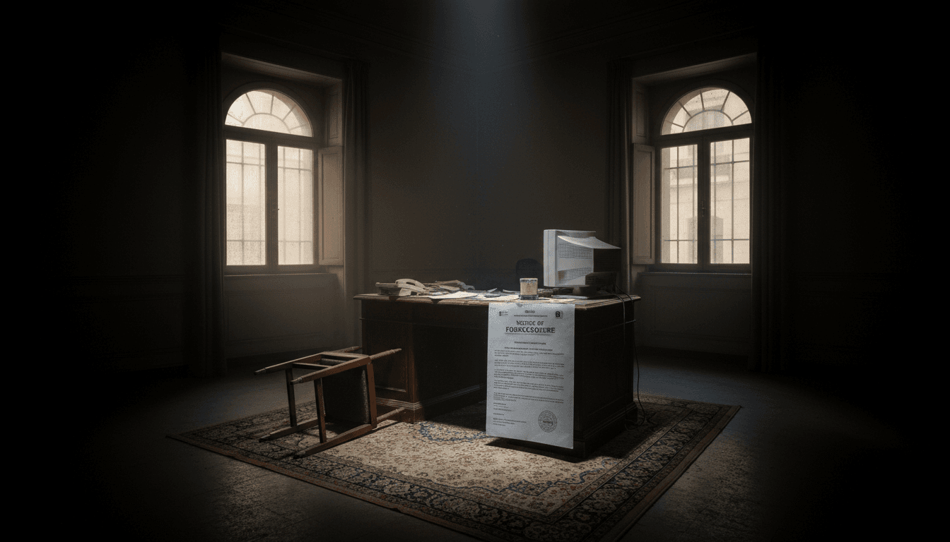 A dimly lit, empty office with a foreclosure notice tacked to a dusty desk, papers scattered on the floor, and a lone, expired calendar on the wall, conveying a sense of loss and financial ruin.