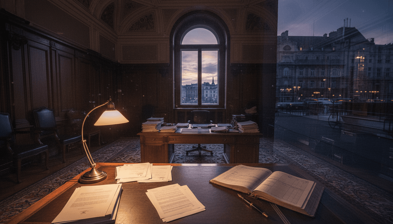 Empty, ornate European Parliament office at dusk, a single desk lamp casting long shadows over stacks of official documents, an abandoned pen on a ledger, conveying a sense of misused resources.