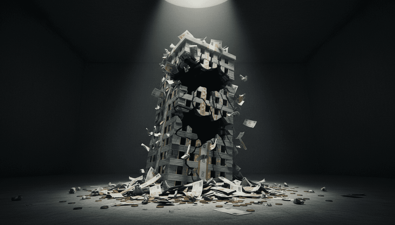 Abstract illustration of a crumbling financial edifice with cracks, revealing hidden ledgers and scattered euros beneath, symbolizing the collapse of a real estate empire due to fraud.