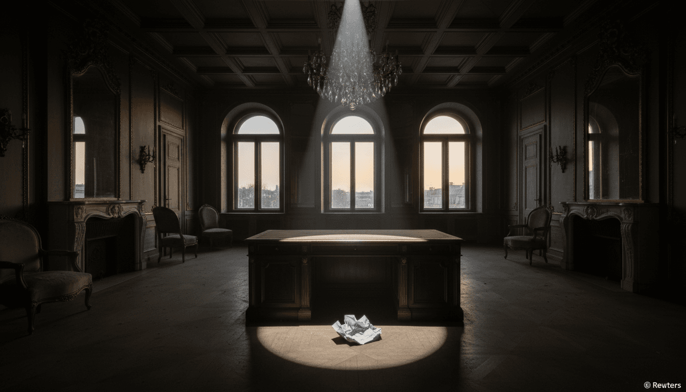 Empty, opulent luxury real estate office in Düsseldorf at dusk, with a single spotlight illuminating a discarded, crumpled financial statement on a grand desk.