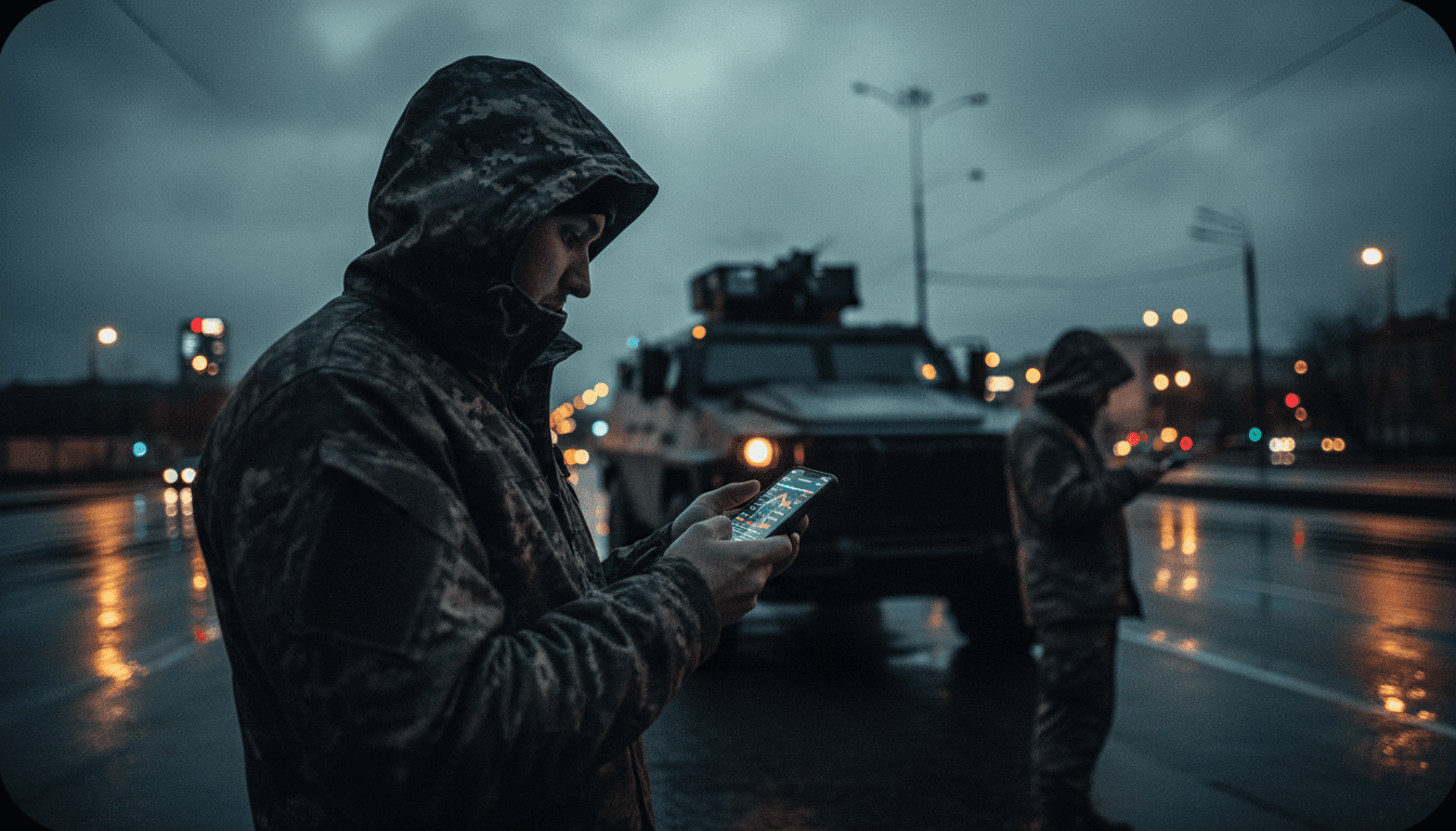 A street-level candid shot of a man wearing a military-style jacket, looking discreetly at a smartphone screen displaying a prediction market interface, with blurred city lights and a subtle military vehicle in the background.