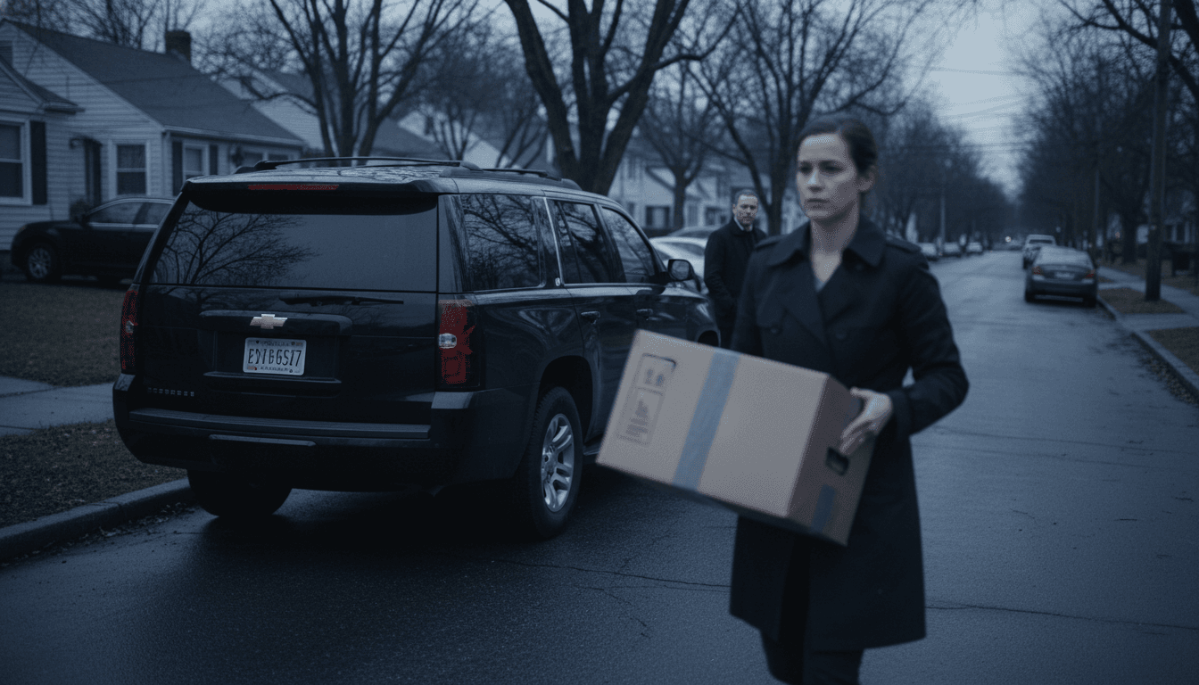 FBI agents seizing boxes of evidence and burner phones from a residence, focusing on identity documents and financial records.