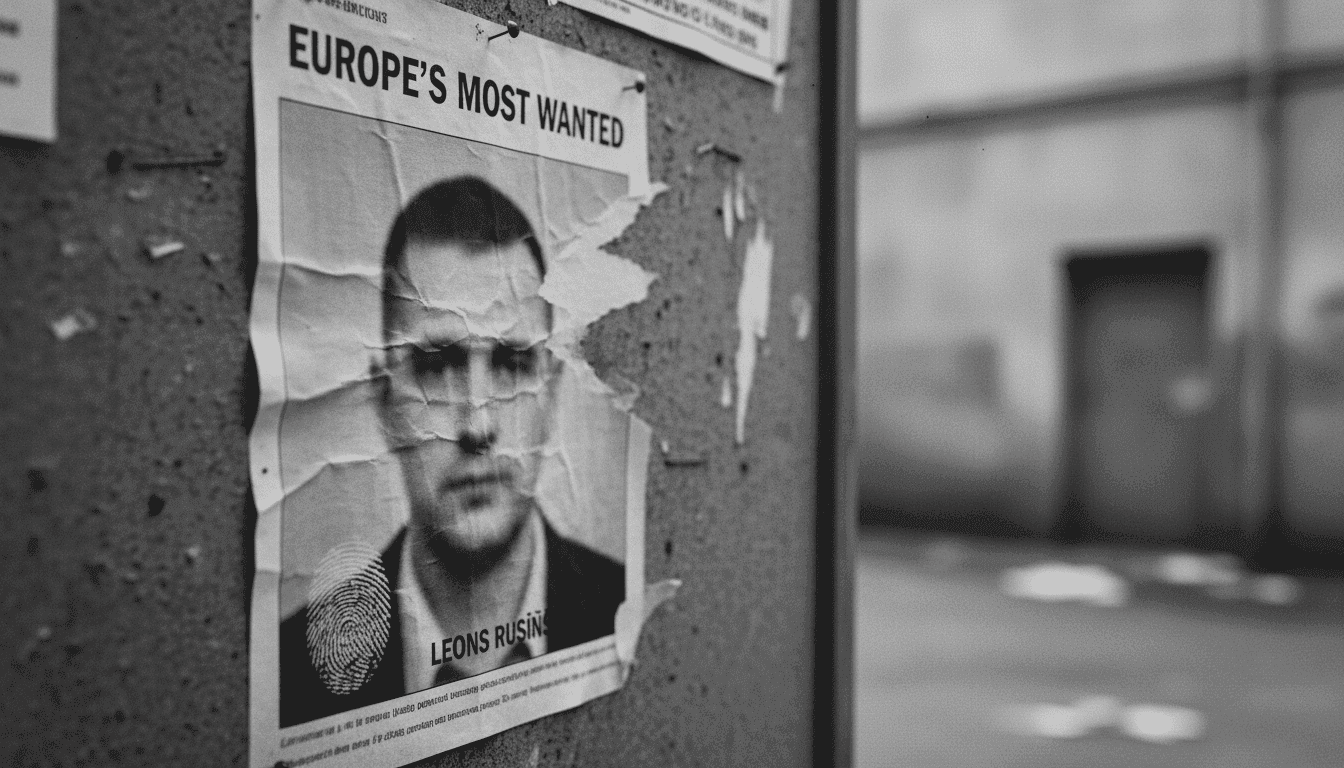 Close-up of a Europol 'Most Wanted' poster featuring a blurred image of Leons Rusiņš, overlaid with a subtle, distressed texture suggesting a long, unresolved search.