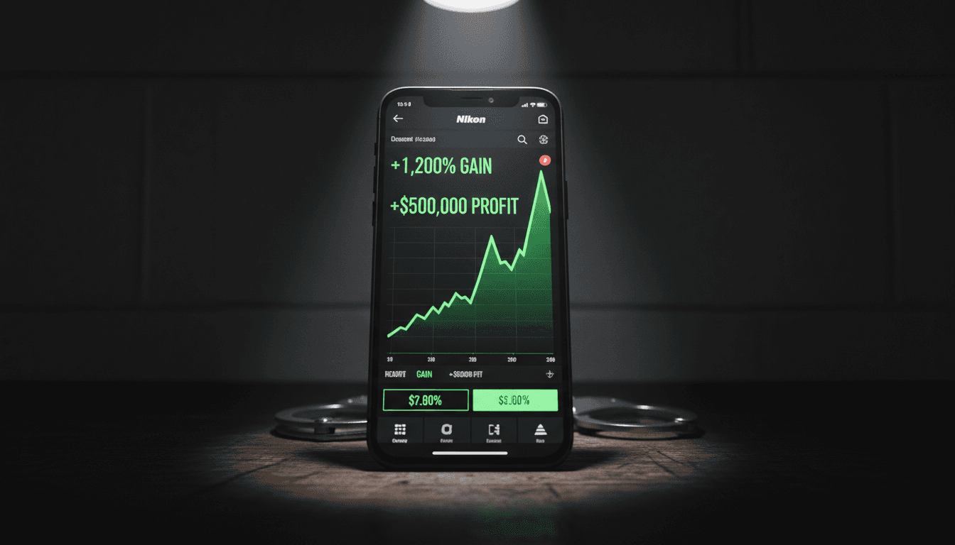 Close-up of a smartphone screen displaying a fraudulent cryptocurrency trading interface with exaggerated profit graphs, overlaid with a faint image of handcuffs.