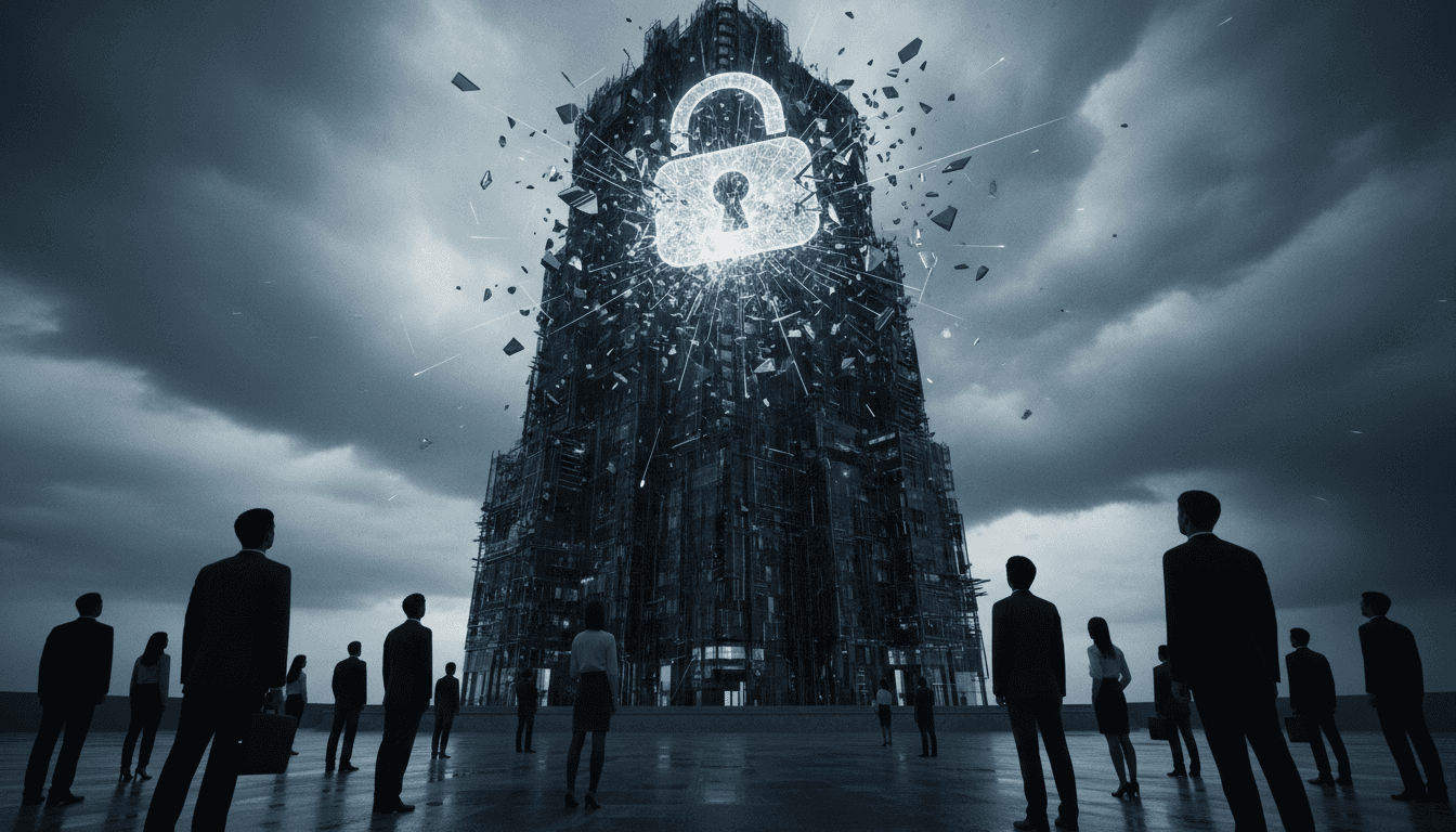 A digital padlock icon superimposed over a blurred image of financial data flowing across multiple screens, symbolizing a significant data breach fine.