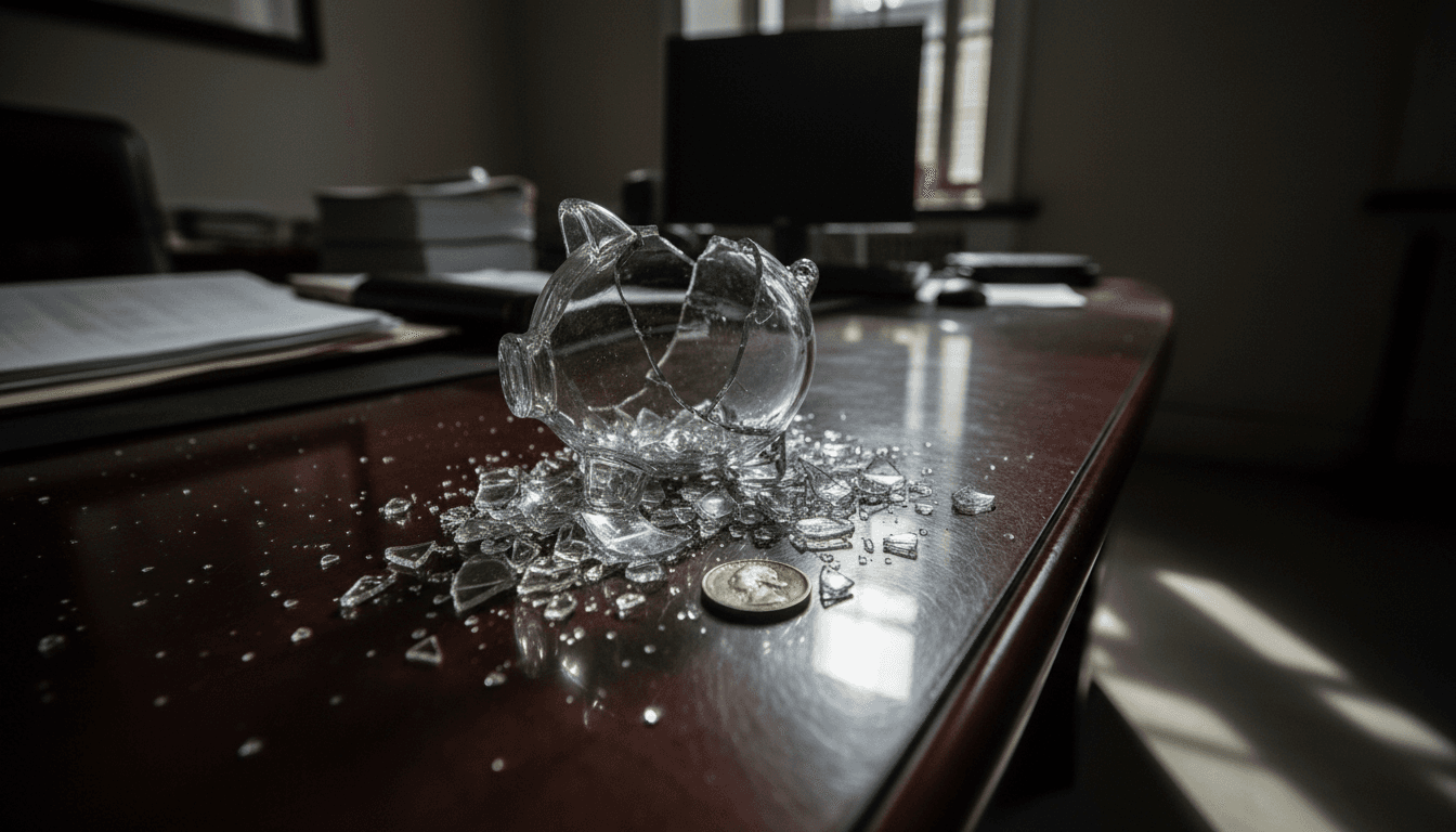 A conceptual image depicting the aftermath of a staggering investment fraud, with a shattered glass piggy bank on a desk.