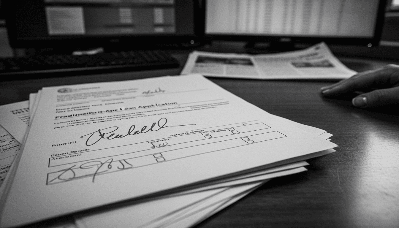 Close-up of a stack of fraudulent loan documents with an NFL player's forged signature visible, symbolizing the NFL player loan fraud scheme.