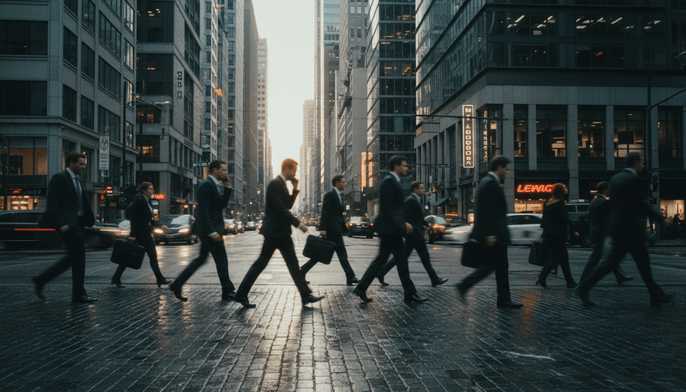 A street-level candid shot of a bustling financial district, with people walking past modern glass buildings, subtly hinting at the systemic vulnerabilities that allowed the staggering tax fraud to occur.