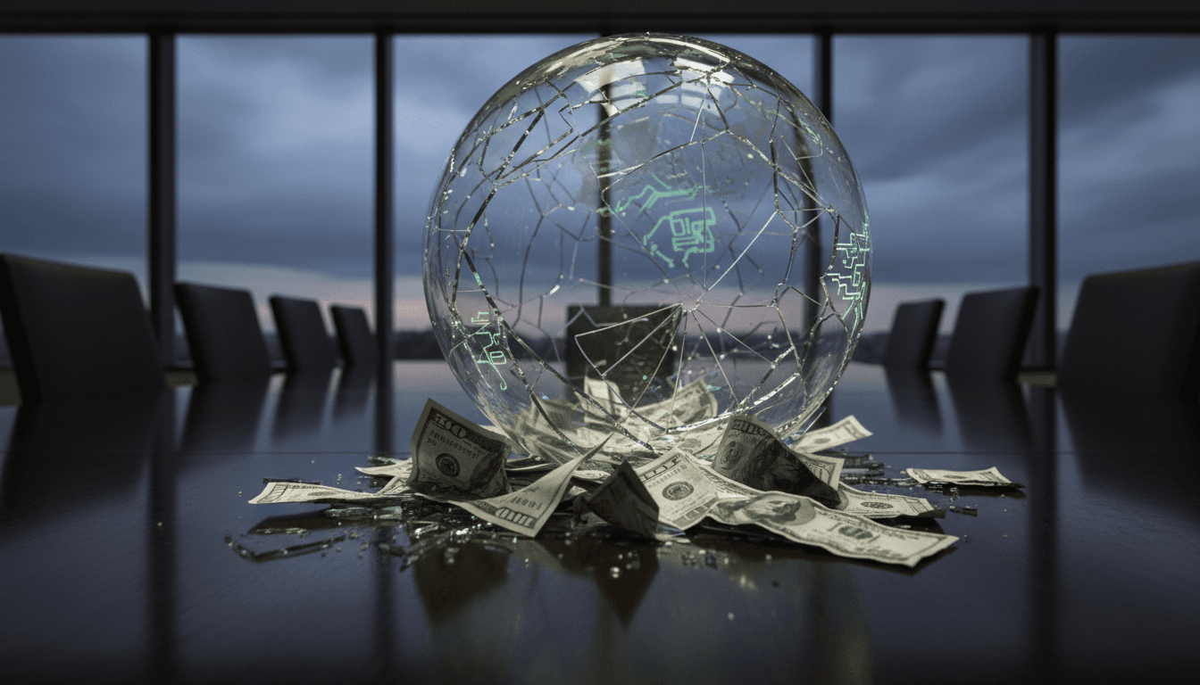 A shattered glass globe with circuit board patterns inside, symbolizing the broken trust and collapse from AI company fraud.