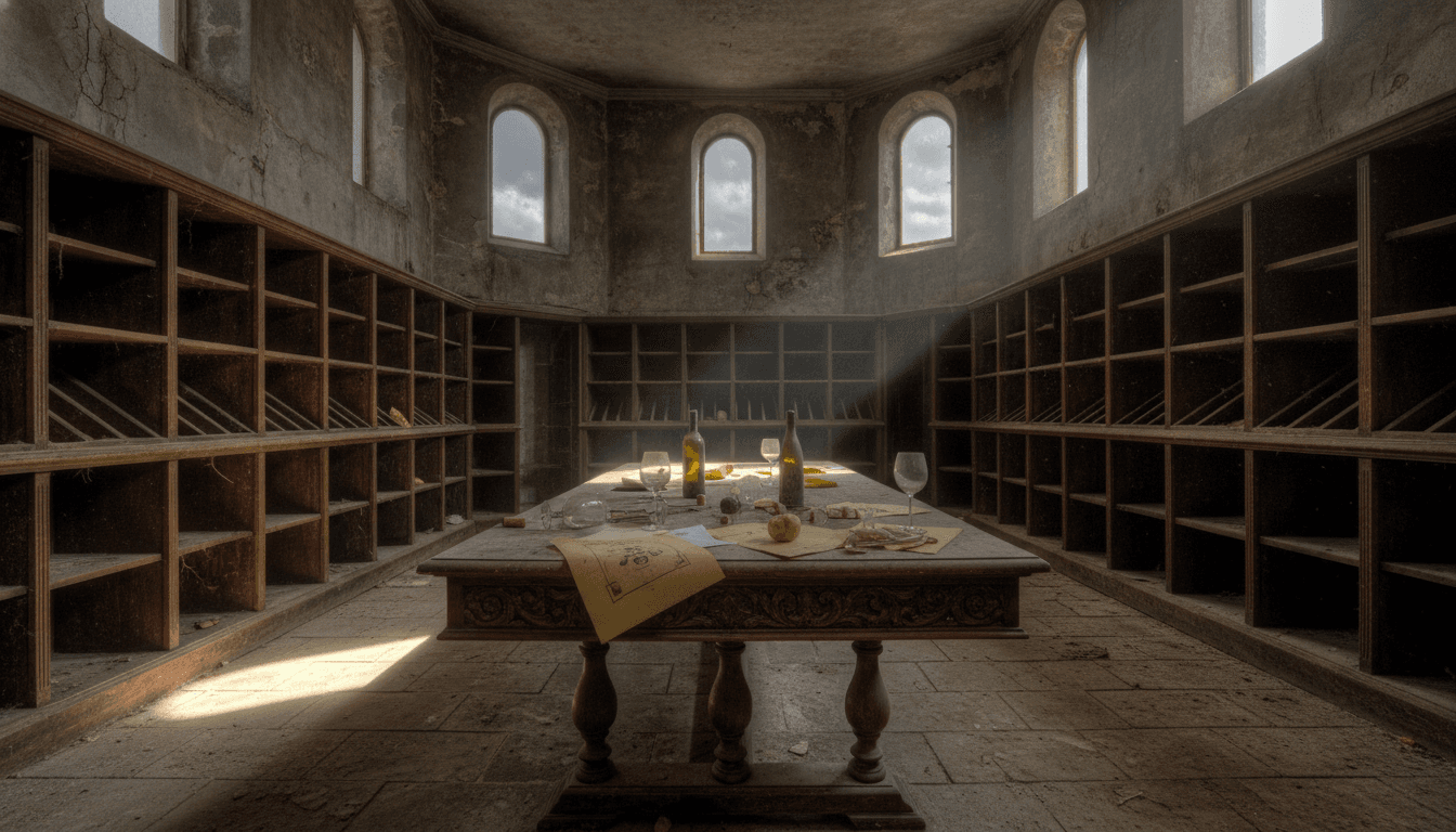 A dimly lit, opulent wine cellar with empty display racks and dusty, unfulfilled order forms scattered on a central tasting table, symbolizing the wine fraud scheme.