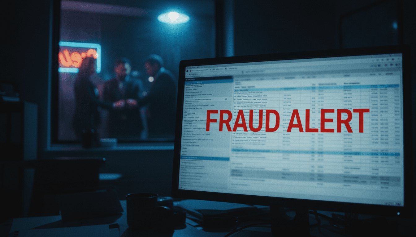 Close-up of a computer screen displaying 'FRAUD ALERT' over a medical billing statement, with a blurred image of a Brockton man's arrest in the background, symbolizing healthcare fraud.