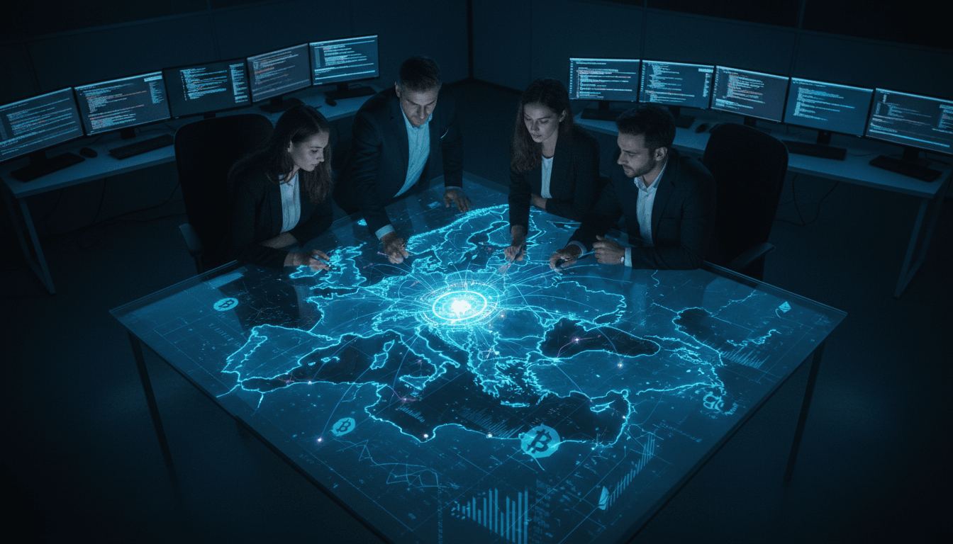 An aerial view of a digital network overlaying a map showing connections between Albania and France, illustrating the Albania-France crypto fraud scheme.