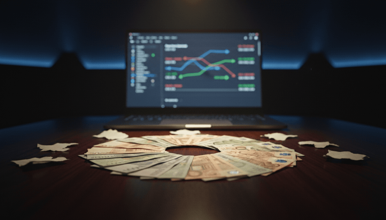 A stack of various international currency bills on a polished dark wood table, with a blurred computer screen in the background displaying a bank transaction interface related to a multimillion-dollar laundering scheme.