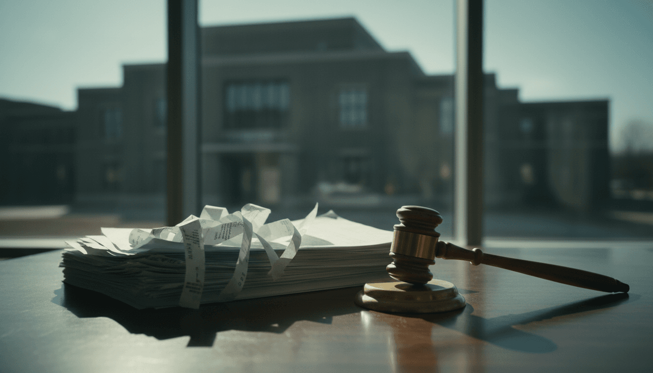 A collection of shredded financial documents, a blurred federal prison background, and a gavel, symbolizing the consequences of multiple fraud schemes.