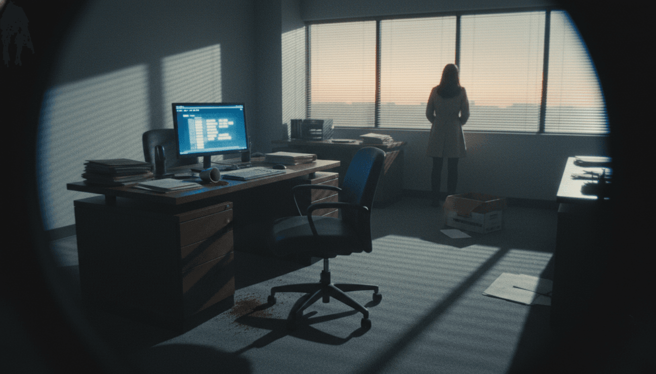 A dimly lit, empty office space at dawn, with a computer screen displaying a frozen bank account balance, symbolizing the aftermath of an identity theft scheme.