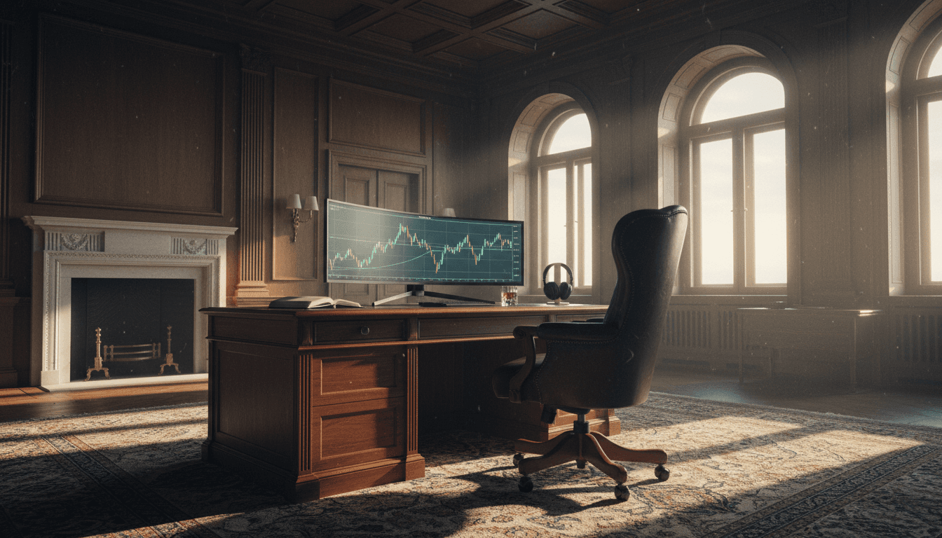 A solitary, high-backed executive chair sits empty at a polished mahogany desk in a dimly lit, opulent office at dusk, suggesting a billionaire's recent departure after a significant investment decision, reflecting the 'Paul Tudor Jones Likes EA Stock' narrative.