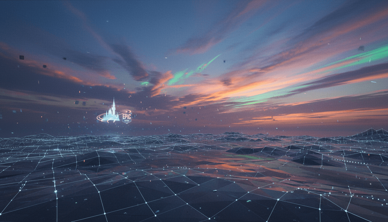 An empty, vast digital landscape within the Fortnite universe, showcasing a subtle Disney Epic Games acquisition logo in the distance.