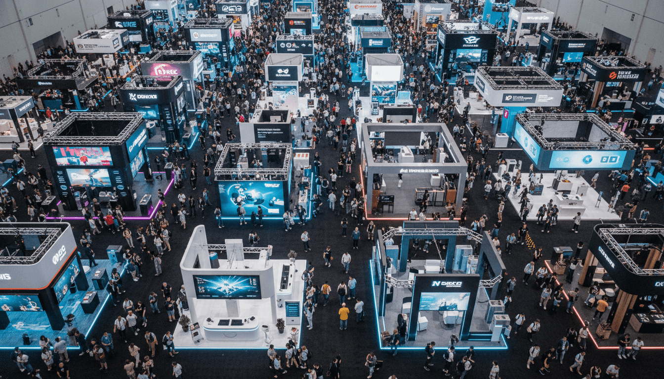 An aerial view of a bustling tech conference floor, with multiple booths showcasing new gaming technologies and investor presentations, emphasizing the SpaceX IPO waiting game's impact on tech investment.
