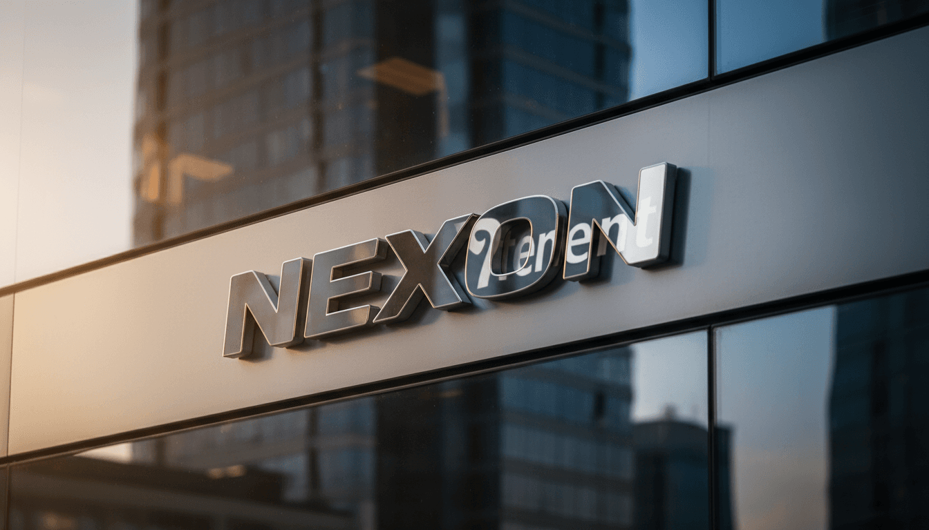 Close-up detail of a Nexon logo on a polished corporate building facade, subtly reflecting the Tencent logo from an adjacent window, symbolizing the potential Nexon acquisition bid.