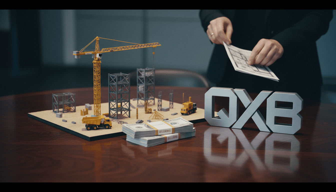 A meticulously arranged still life featuring a miniature construction site model next to a stack of play money and a small, stylized corporate logo representing the QXO TopBuild acquisition.