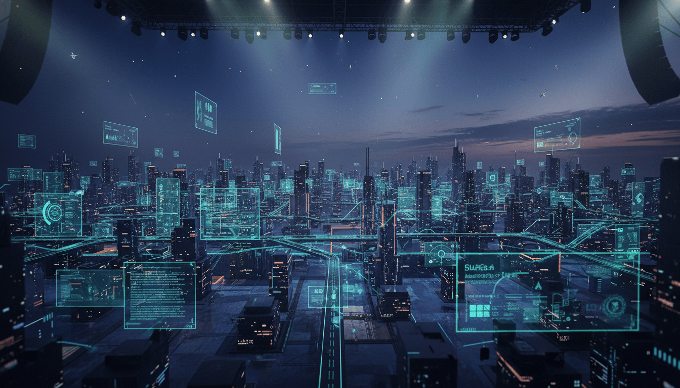 A futuristic, dimly lit digital landscape with holographic interfaces representing the SpaceX Cursor deal, conveying a sense of vast, interconnected digital space.