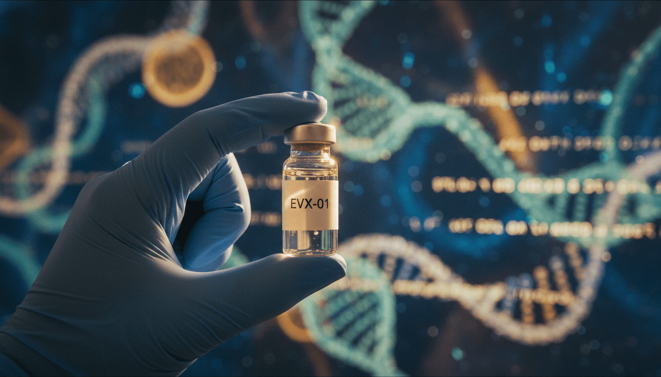 Close-up of a vial labeled 'EVX-01' with a microscopic view of personalized cancer cells in the background, symbolizing the skin cancer vaccine study.