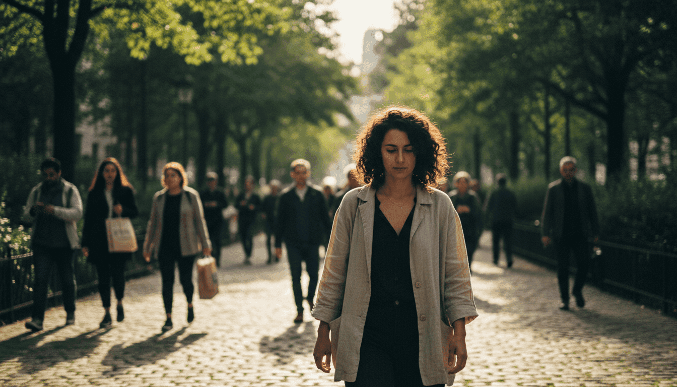 A person walking through a bustling city park, subtly focused inward, demonstrating body-focused mind-wandering amidst external activity.