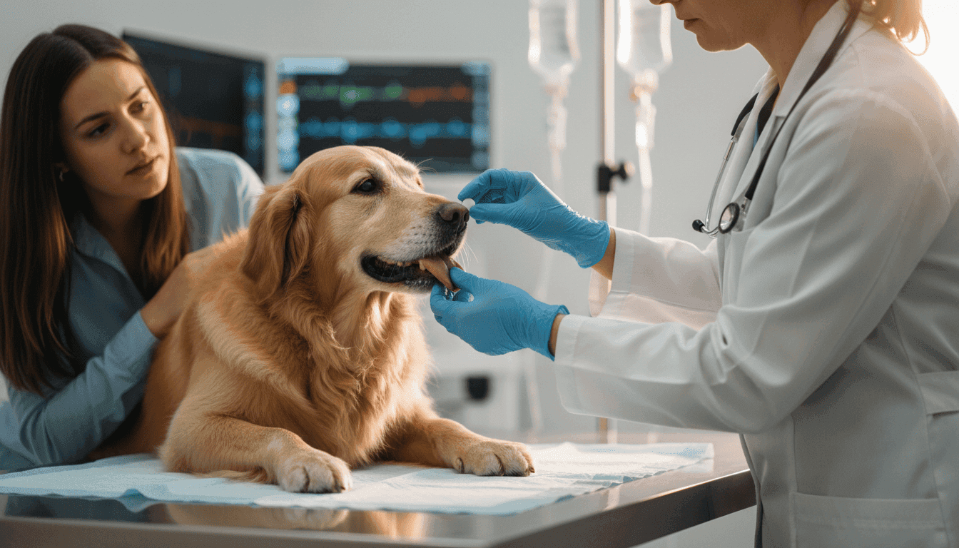 A veterinarian gently administers crofelemer tablets as part of canine CID treatment to a dog undergoing chemotherapy, with medical equipment visible in the background.