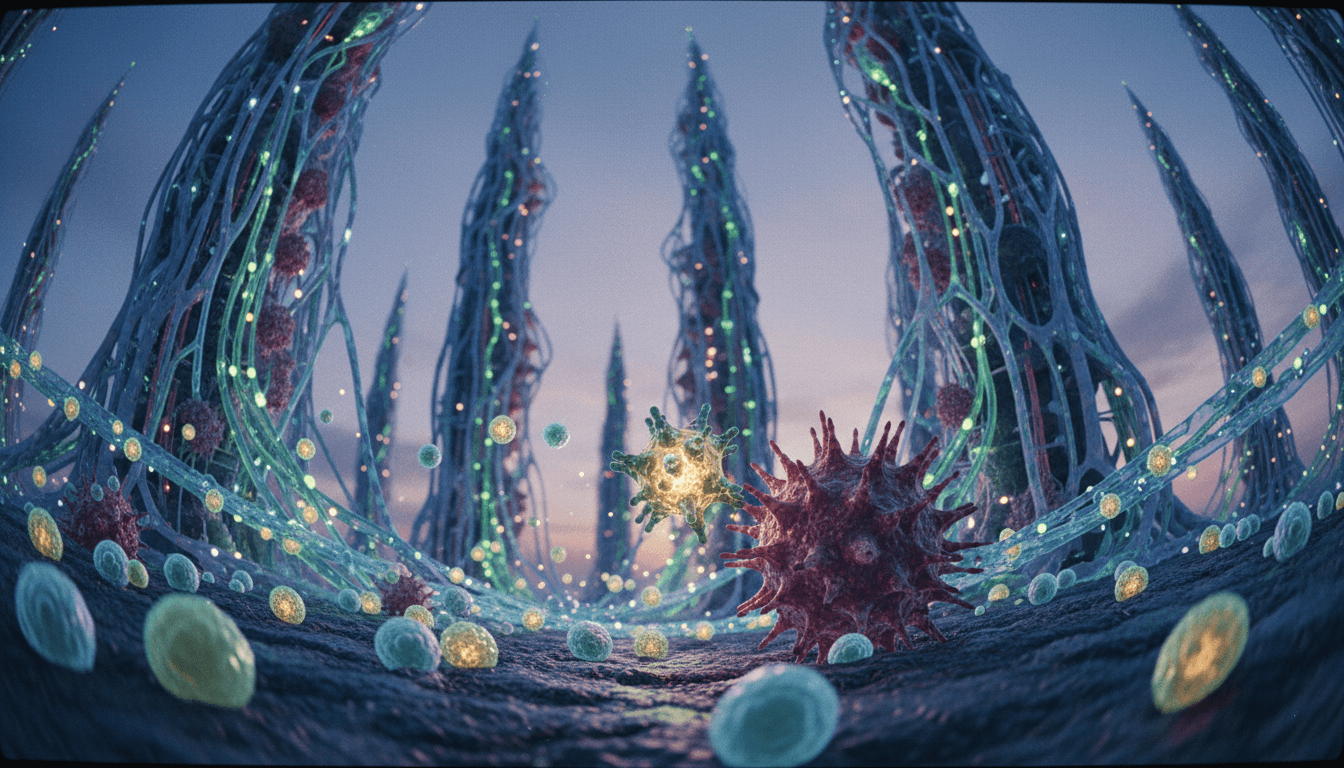 Conceptual image of a microscopic smart drug delivery system precisely targeting breast cancer cells within a complex biological network.