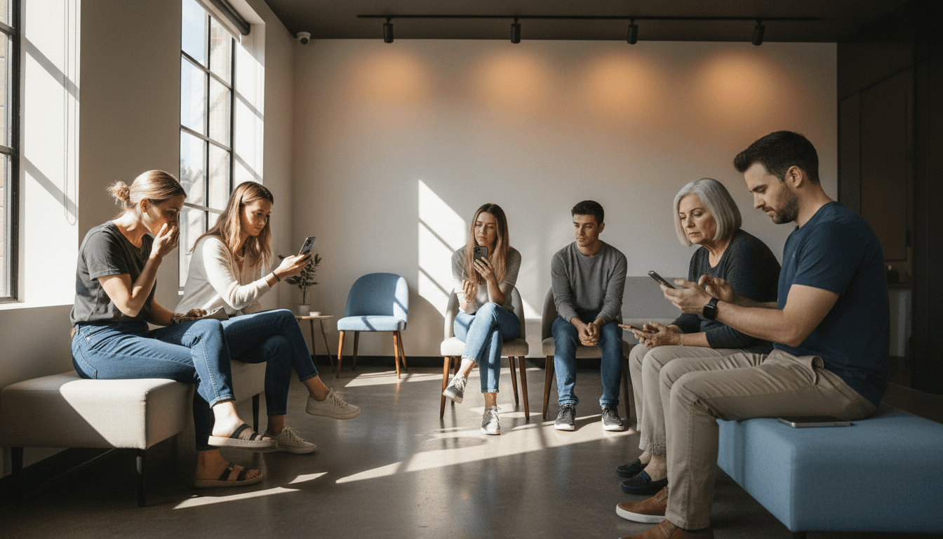 A wide environmental shot of a modern, brightly lit dermatology clinic waiting area, with a diverse group of people discreetly examining their skin, illustrating the widespread concern about acne scarring's mental health impact.