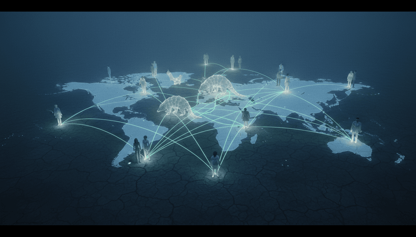 A conceptual image illustrating the complex web of wildlife trade disease spread, with interconnected pathways and symbolic representations of animals and humans.