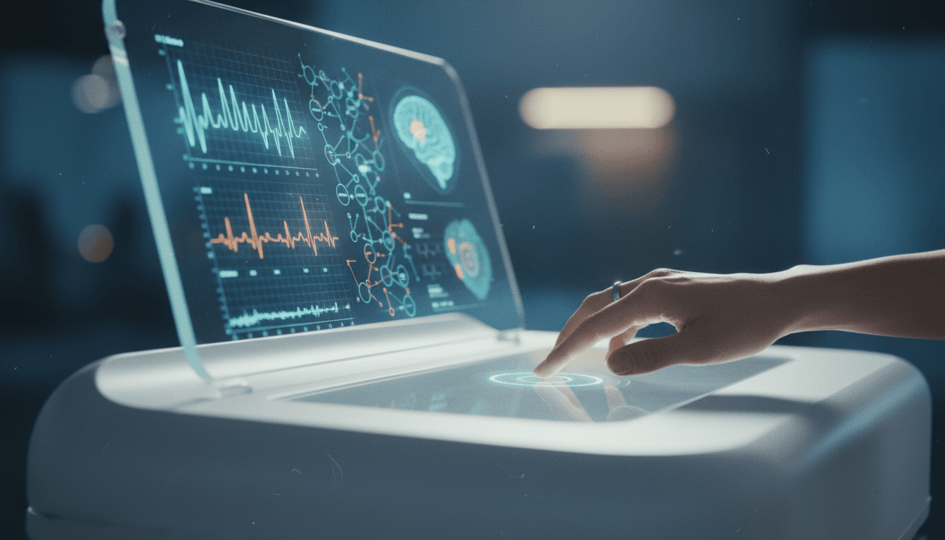 A close-up of a holographic interface displaying medical data and patient health metrics within China's first AI hospital.