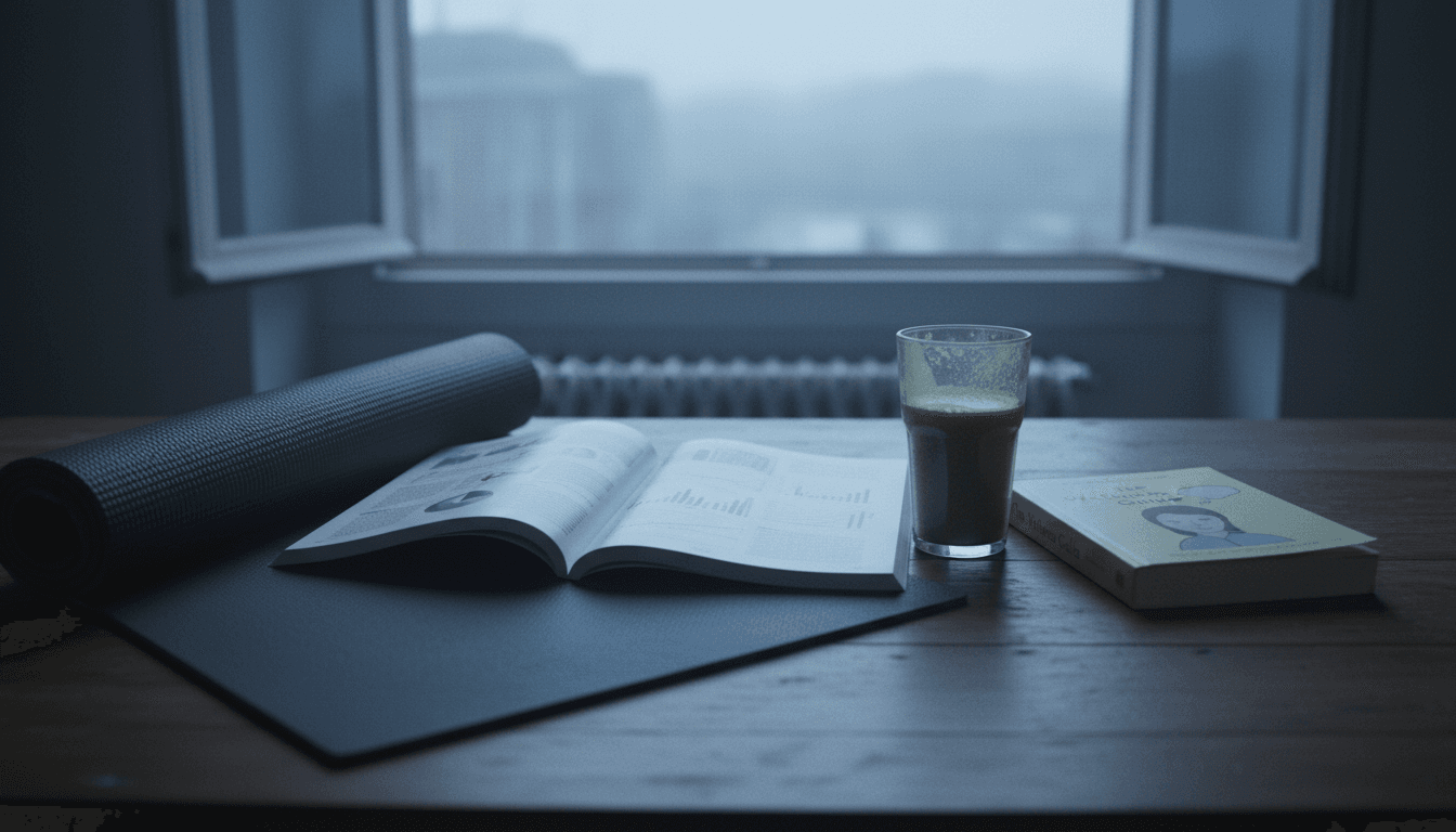 A meticulously arranged still life scene depicting objects associated with a 'healthy' habit reassessment, perhaps a worn yoga mat next to a scientific journal open to data, a half-empty smoothie glass, and a confused expression on a wellness guide cover.