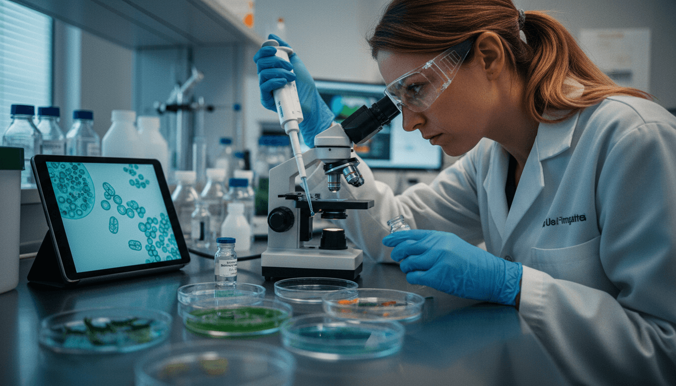 A WFRC scientist in a laboratory analyzing marine samples under a microscope, focusing on marine disease management.