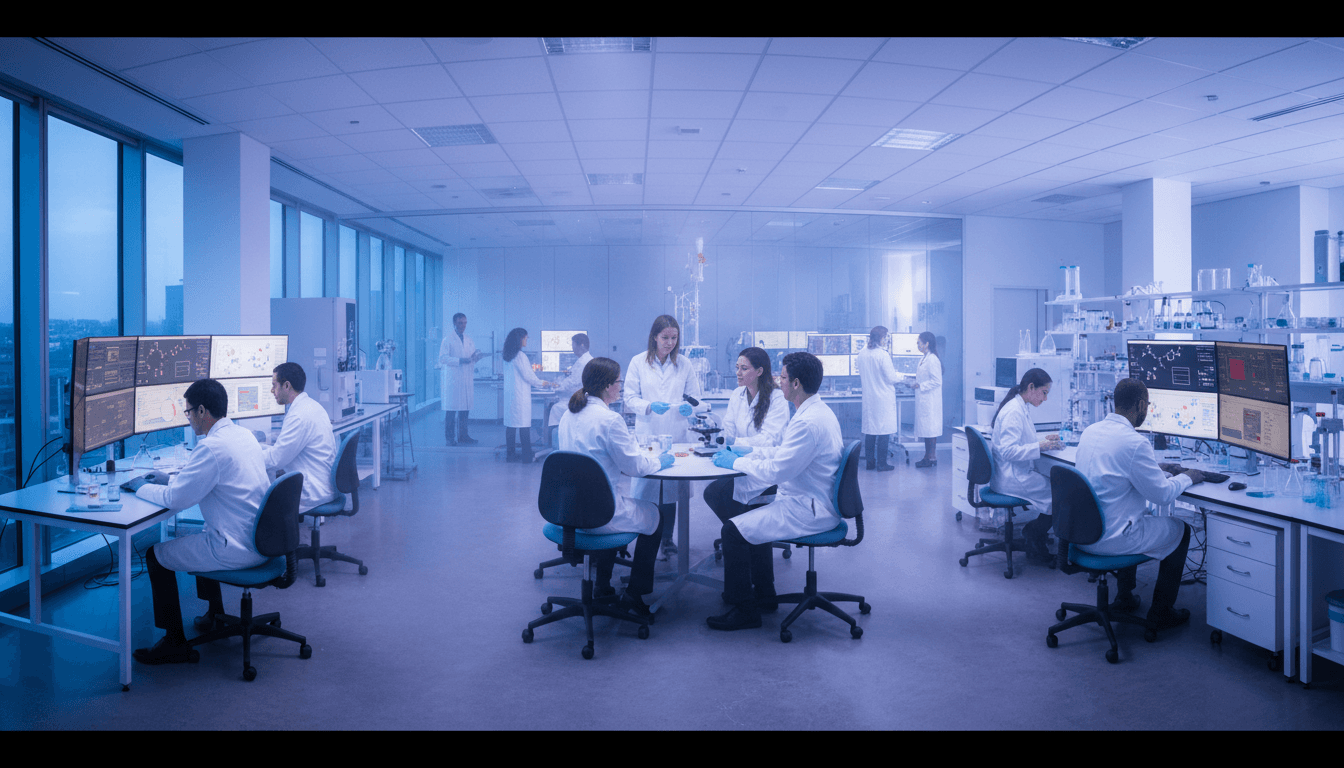 A wide shot of a modern, brightly lit pharmaceutical research laboratory with scientists in lab coats examining complex TONMYA pharmacokinetics data on screens.