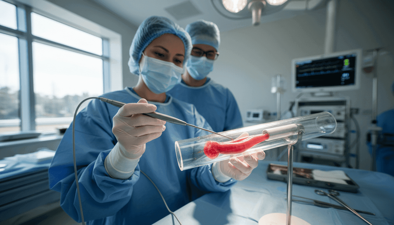 A close-up shot of a surgeon's gloved hands meticulously operating a new thrombectomy device during a simulated large vessel stroke treatment procedure.