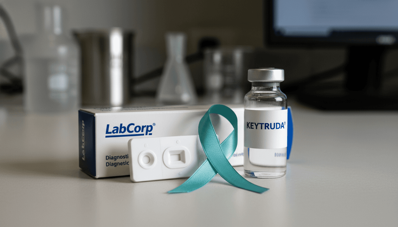 A close-up still life arrangement featuring a Labcorp branded diagnostic kit, a vial labeled KEYTRUDA®, and a stylized ovarian cancer ribbon, symbolizing the new ovarian cancer diagnostic.