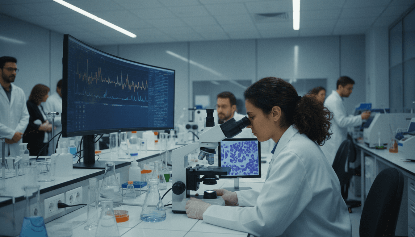 A detailed molecular model of a new targeted therapy drug interacting with a cancer cell, symbolizing the new targeted therapy shows promise.