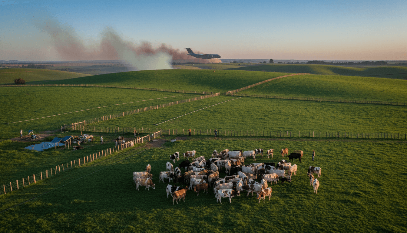 A stylized image depicting a resilient dairy farm in South Africa, symbolically weathering external pressures and disease outbreaks, with a focus on low-capex relief strategies.