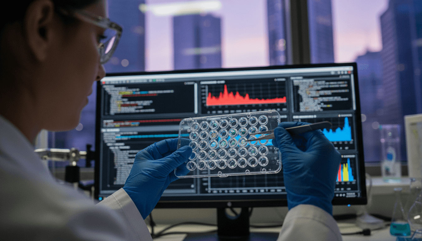 A close-up image of a laboratory technician's hands carefully pipetting a clear liquid into a microtiter plate, with a digital display showing biomarker data in the background, symbolizing the precision required for clinical biomarkers to become surrogate endpoints.