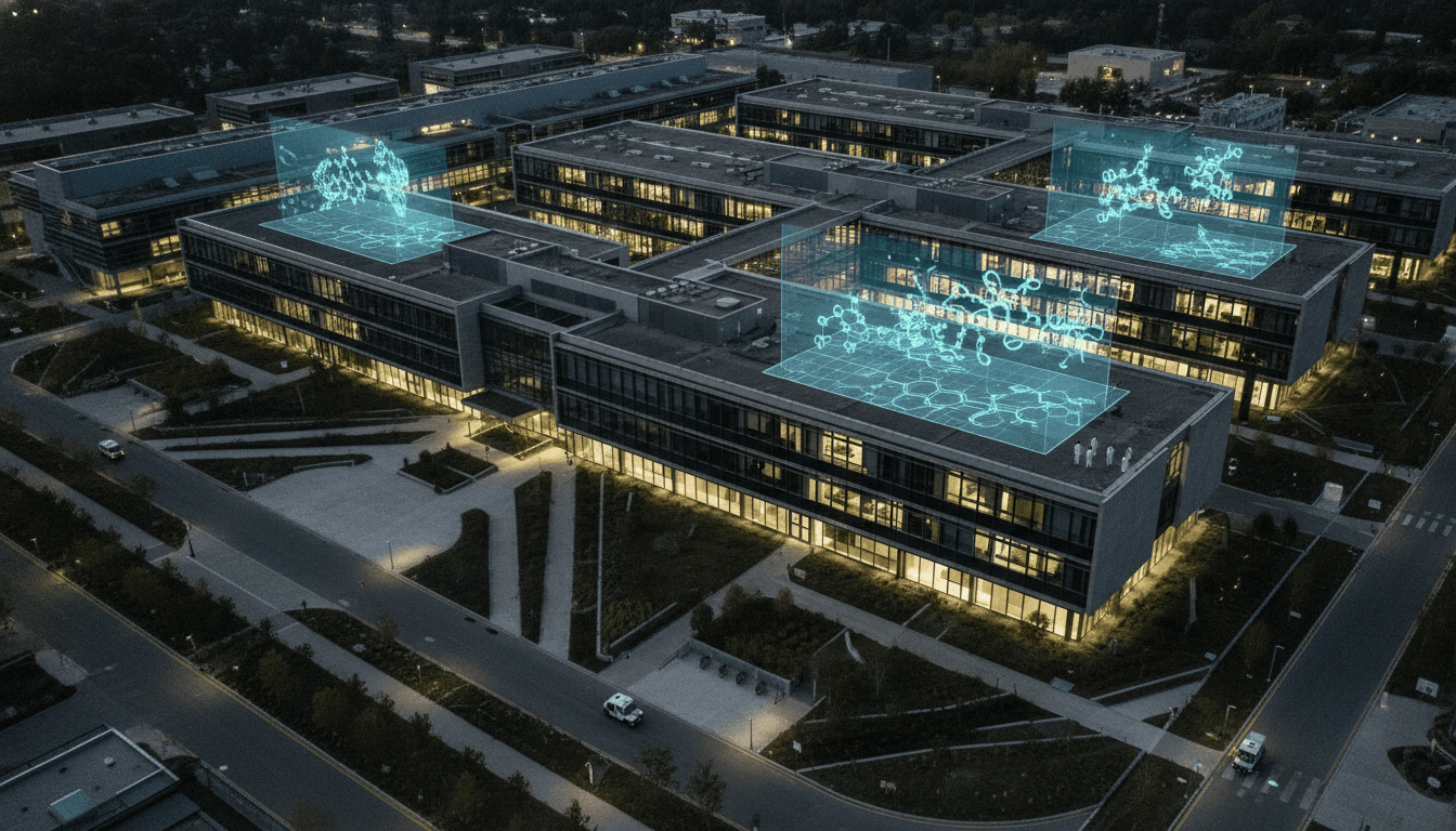 An aerial view of a futuristic research facility, with intricate computational models of molecules projected over the building, symbolizing accelerated Chagas drug discovery.