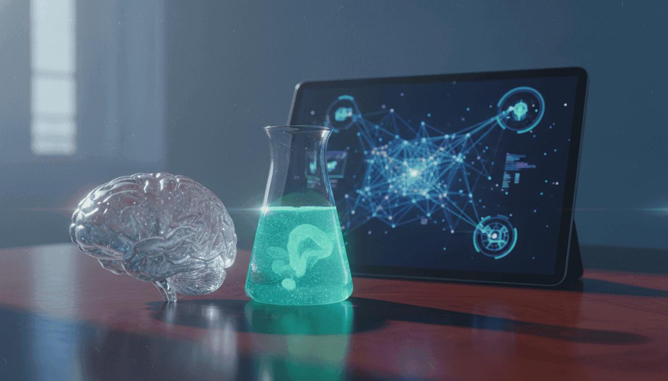 A still life composition featuring a stylized human brain model, a glass beaker containing a swirling liquid representing gut bacteria, and a tablet displaying complex AI algorithms, all converging on the concept of AI-assisted diagnosis of psychiatric disorders.