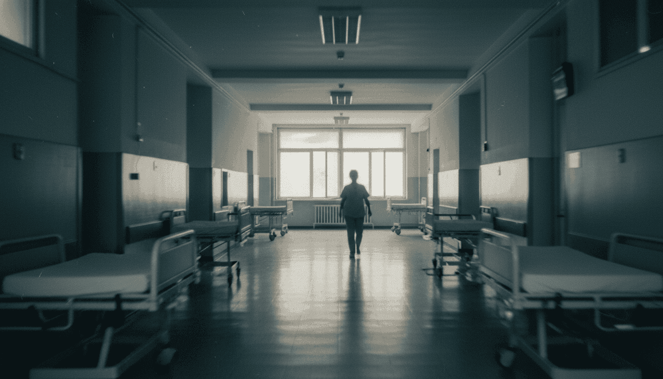 An empty hospital hallway illuminated by soft, sterile light, symbolizing the quiet disruption global infectious outbreaks have brought to cancer care.