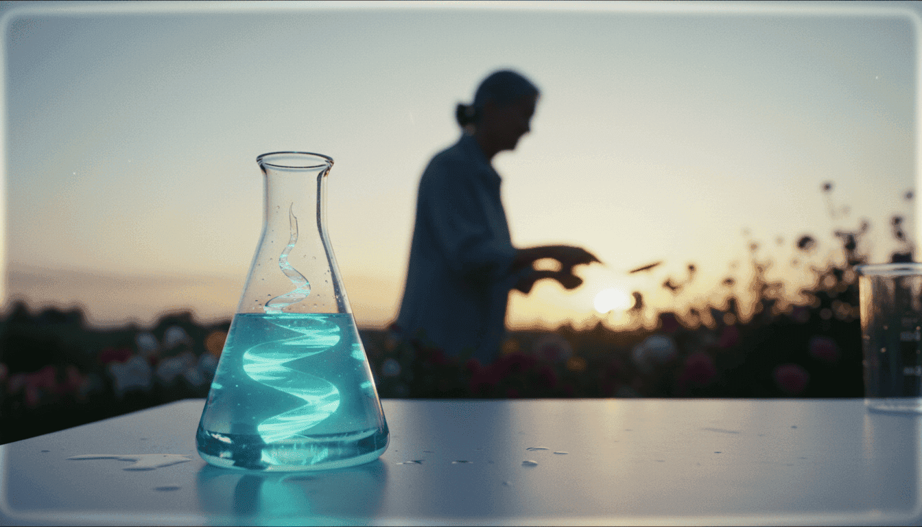 A stylized image depicting a scientific beaker glowing with a vibrant light, symbolizing a longevity trial and the potential for extended healthy life.