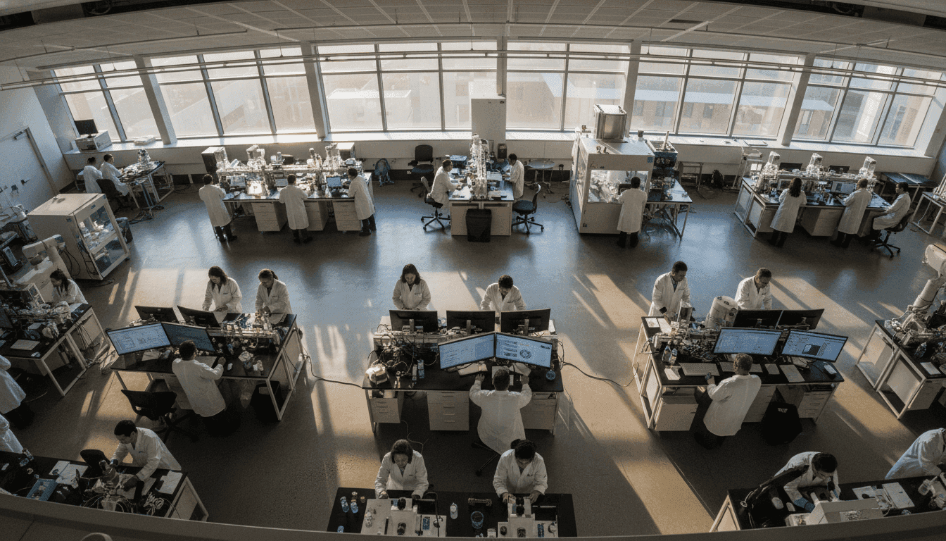 A wide environmental shot inside a modern, brightly lit UHN research laboratory, with scientists in lab coats working at benches, some looking at microscopes and others analyzing data on computer screens, reflecting the ongoing investigation as colon cancer rises among young patients.