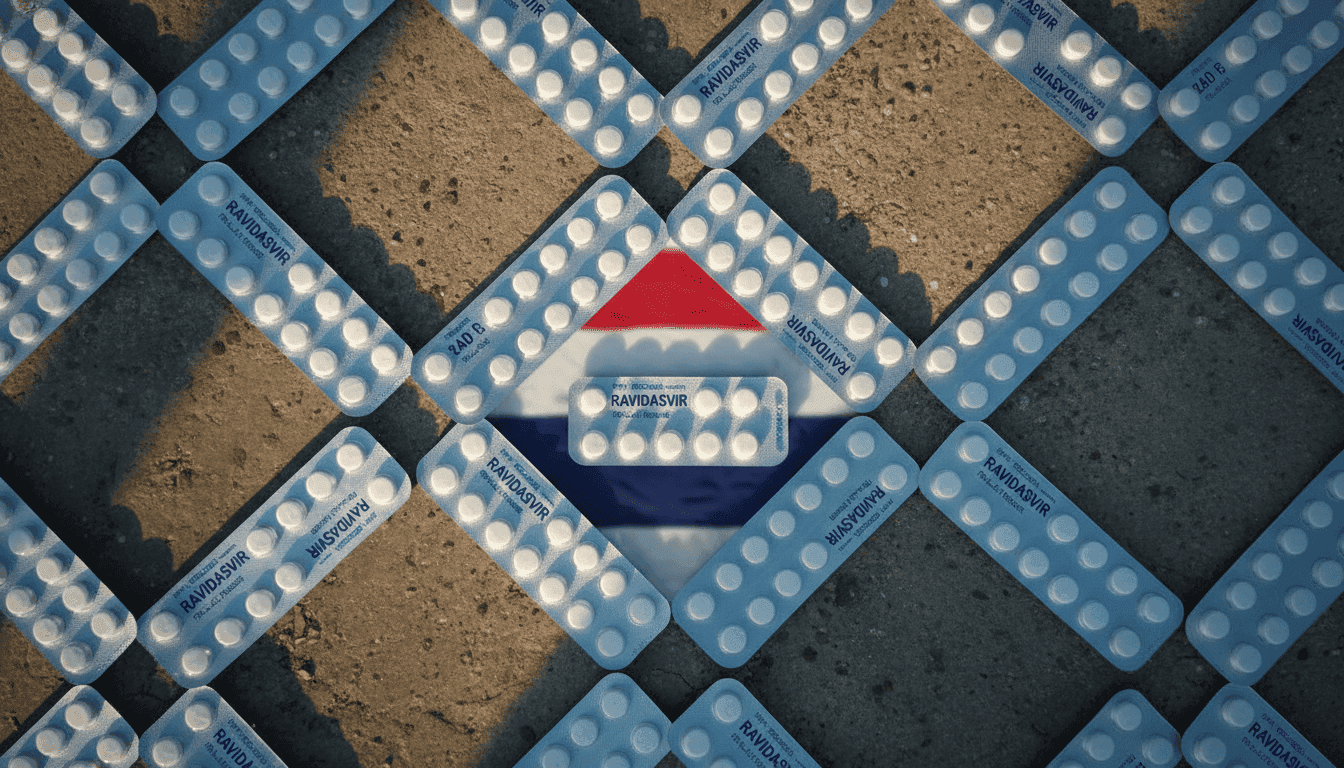 Close-up of a blister pack of Ravidasvir tablets, with a subtle Thai flag pattern blurred in the background, symbolizing the strategic healthcare milestone.