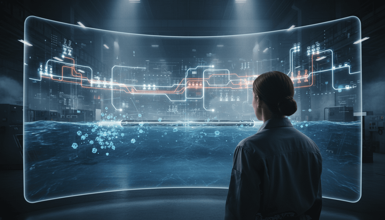 Engineers review a complex digital simulation model of a high-voltage power system design, showing intricate electrical fields and transmission lines.